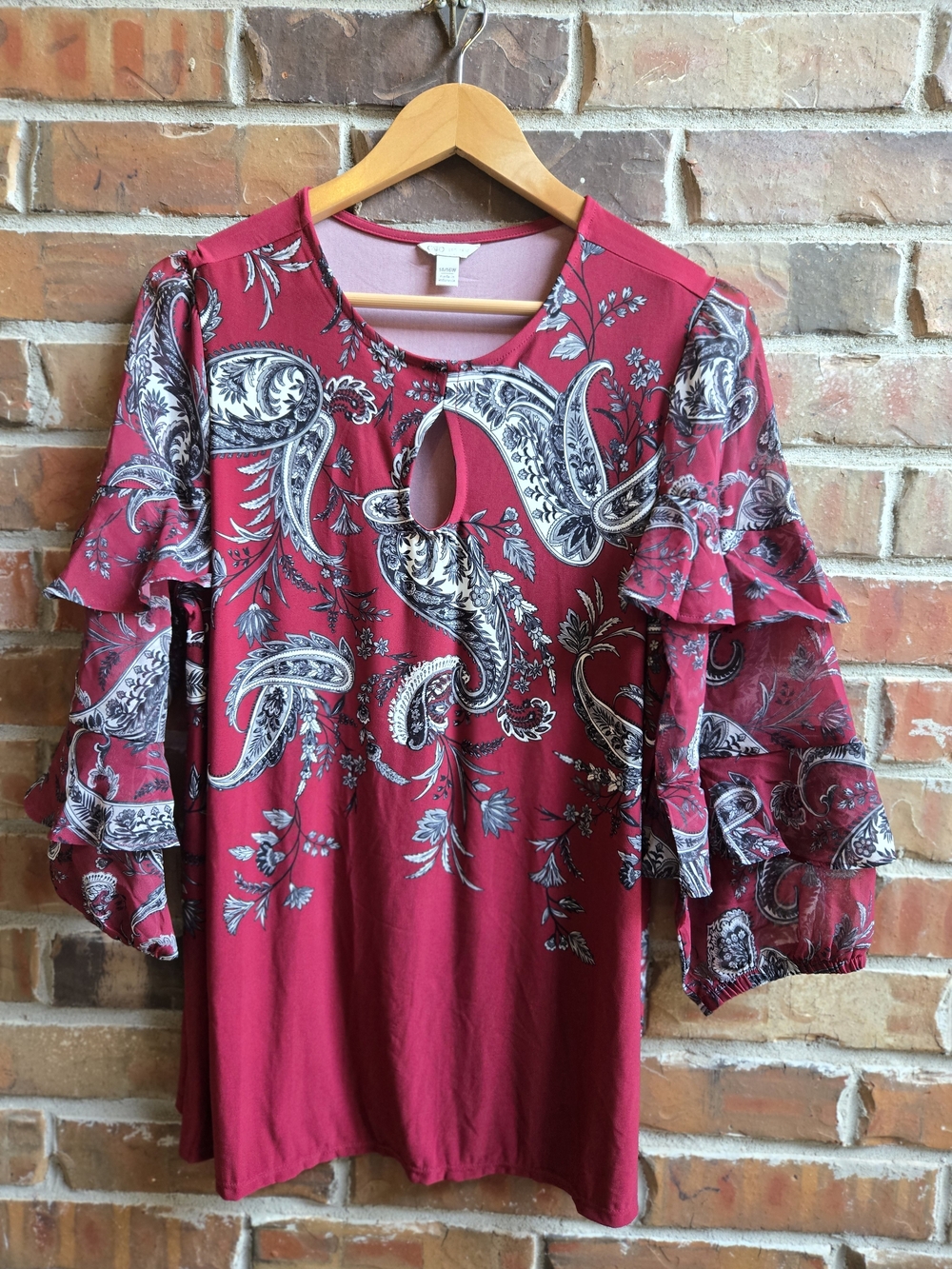 Cato Burgundy Paisley Keyhole Ruffle Sleeve Top Elegant Feminine